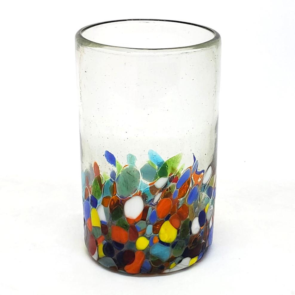 Mexican Glasses / Clear & Confetti 14 oz Drinking Glasses (set of 6) / Our Clear & Confetti drinking glasses combine the best of two worlds: clear, thick, sturdy handcrafted glass on top, meets the colorful, festive, confetti bottom! These glasses will sure be a standout in any table setting or as a fabulous gift for your loved ones. Crafted one by one by skilled artisans in Tonala, Mexico, each glass is different from the next making them unique works of art. You'll be amazed at how they make having a simple glass of water a happier experience. Made from eco-friendly recycled glass.
